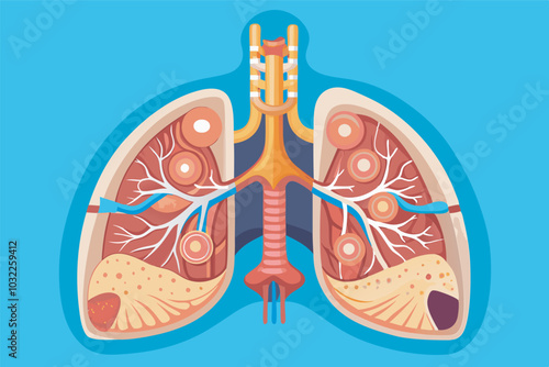 Educational illustration of human respiratory system. Shows lungs, trachea in cross-section. Left lung healthier, bronchi branching, blood vessels shown. Rib cage surrounds.