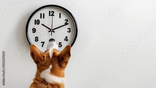 pembroke corgi dog sitting in front of big clock waiting long time impatiently isolated white background