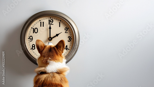 pembroke corgi dog sitting in front of big retro vintage clock waiting long time impatiently isolated white background
