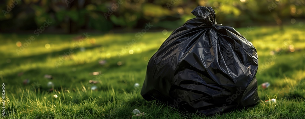 Garbage bag on green lawn. environmental pollution. cleanliness efforts. Park cleaning day. Garbage bag on green lawn. environmental pollution. cleanliness efforts. Park cleaning day.