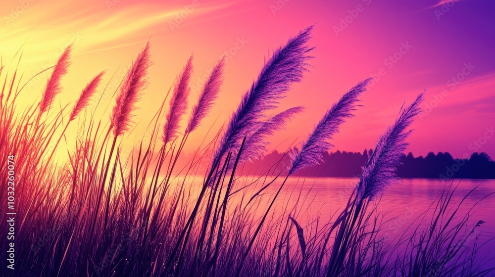 Fototapeta premium Serene Sunset Over Calm Water with Silhouetted Grass