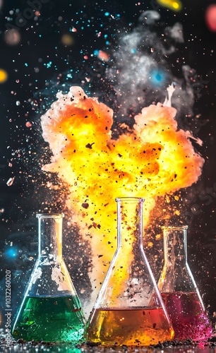 Chaotic Explosion of Colorful Chemicals Erupting in a Laboratory Scene photo