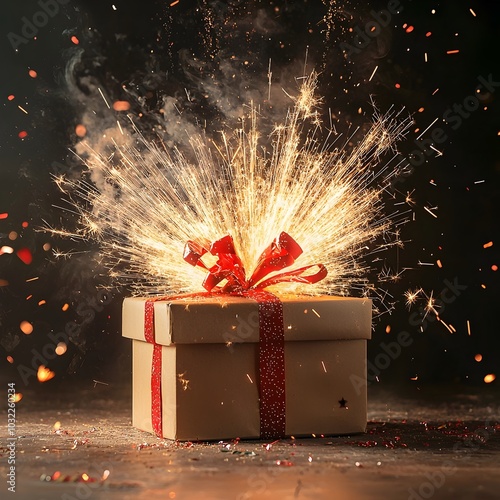 Explosive Gift Box Burst of Wrapping Paper and Flames Capturing Surprise Concept
