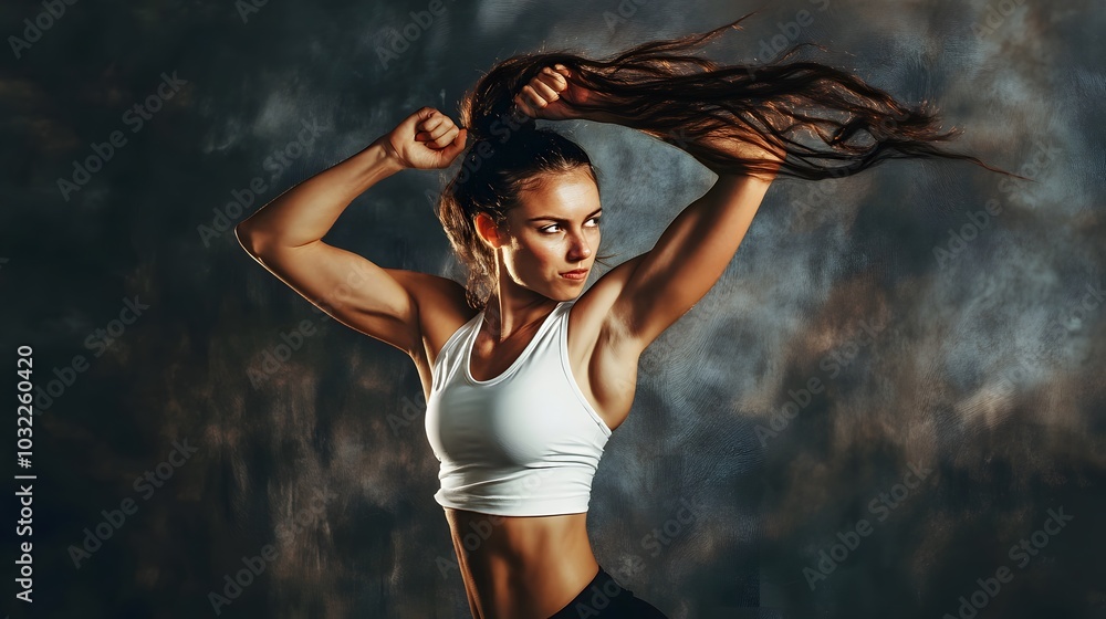Obraz premium A young woman with long hair in a white tank top poses with her arms raised.