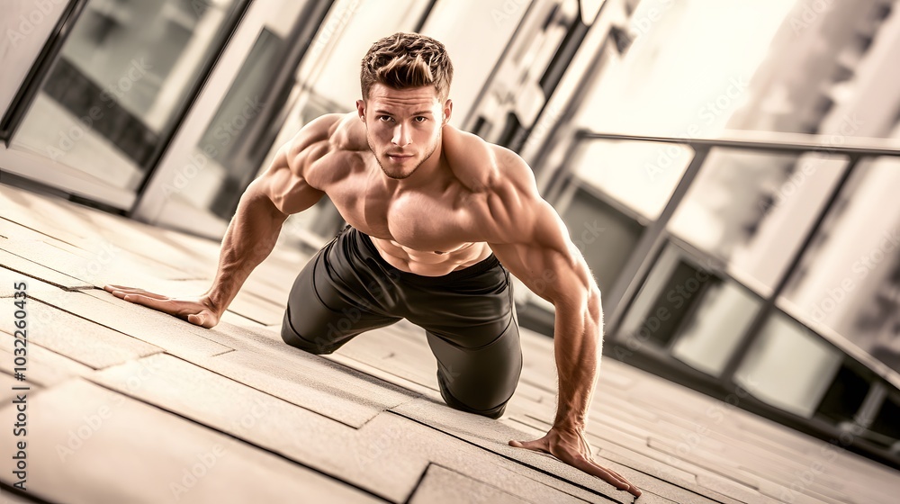 Fototapeta premium A muscular man doing push-ups outdoors.