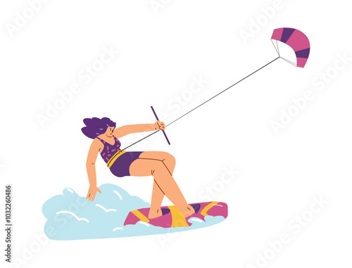 Vector illustration of a young girl kitesurfing in the sea on a white background