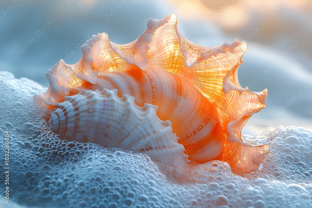 A close-up of a beautiful seashell illuminated by sunlight, resting on frothy ocean waves, showcasing intricate textures and colors. A close-up of a beautiful seashell illuminated by sunlight, resting on frothy ocean waves, showcasing intricate textures and colors.