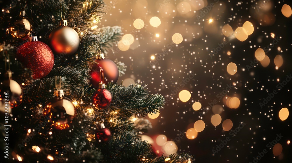 Close-up of a decorated Christmas tree with red and gold ornaments, warm white lights, and a blurred background of twinkling lights and falling snow. Close-up of a decorated Christmas tree with red and gold ornaments, warm white lights, and a blurred background of twinkling lights and falling snow.