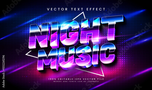 Night music glowing theme, editable vector text effect. Suitable for night event party.