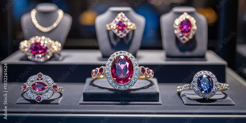 Fototapeta premium Display of various ruby and sapphire jewelry pieces on velvet cushions.