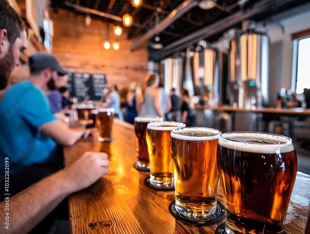 A high-end craft brewery with exposed brick walls, gleaming copper tanks, and patrons sampling unique craft beer varieties from stylish glasses. A high-end craft brewery with exposed brick walls, gleaming copper tanks, and patrons sampling unique craft beer varieties from stylish glasses.