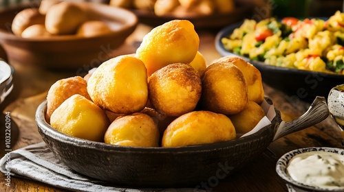 Golden brown rolls in a bowl with a side of creamy dipping sauce.