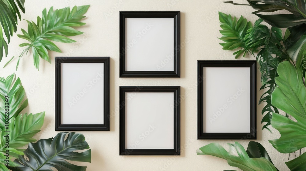 Four Black Frames on a Cream Wall with Green Plants Four Black Frames on a Cream Wall with Green Plants