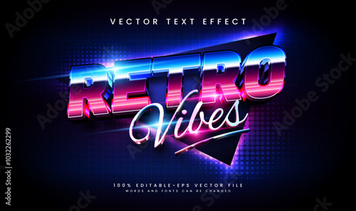 Retro vibes glowing theme, editable vector text effect. Suitable for night event party.