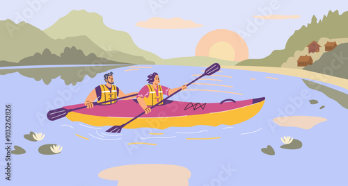 Kayaking or rafting sport on nature, people rowing with paddle in kayak at river or lake with lotuses, vector activity