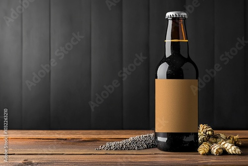 A homemade beer bottle with a custom label, placed on a wooden table with hops and grains scattered around, capturing the pride of home brewing.