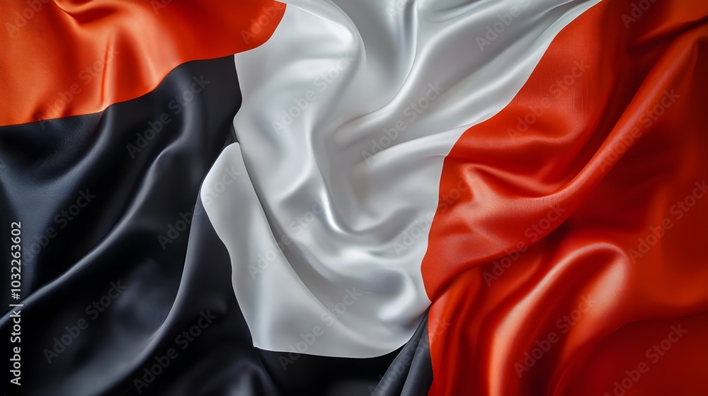 The flag of the breakaway state, depicted in white, black, and red colors, is displayed on a silk fabric against a clean background The flag of the breakaway state, depicted in white, black, and red colors, is displayed on a silk fabric against a clean background
