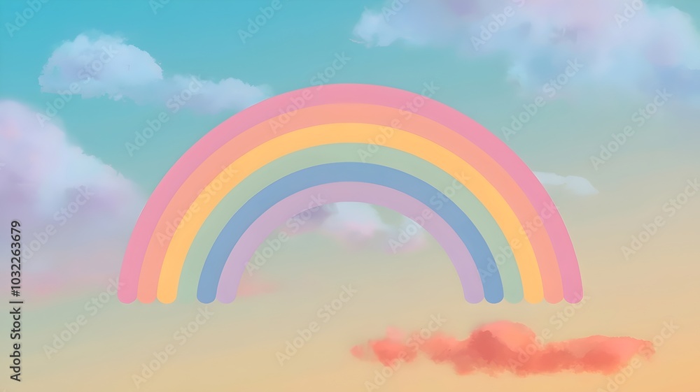 Soft blue sky background with pastel rainbow and fluffy clouds Soft blue sky background with pastel rainbow and fluffy clouds