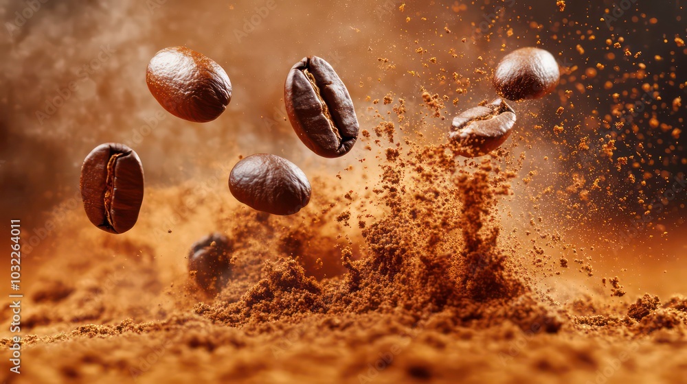 Coffee beans flying through the air and landing in a cloud of ground coffee. Coffee beans flying through the air and landing in a cloud of ground coffee.