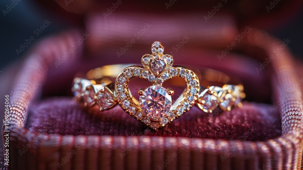 A beautiful diamond ring with a heart-shaped center and a crown design on the band, nestled in a velvet box. A beautiful diamond ring with a heart-shaped center and a crown design on the band, nestled in a velvet box.