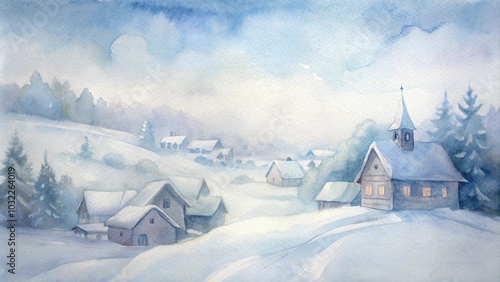 Winter watercolor landscape of a snowy village with cozy cottages and pine trees