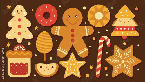 Delicious assortment of festive gingerbread cookies and treats on a dark background