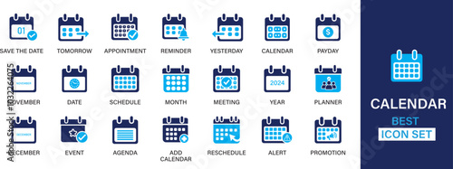 Calendar icon set. Containing date, schedule, month, week, appointment, agenda, organization and event icons. Solid icon collection. Vector illustration.