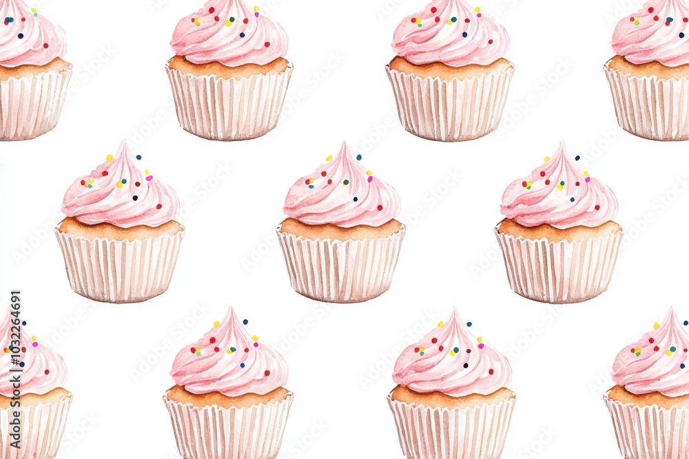 A delightful pattern featuring frosted cupcakes with pastel pink icing and colorful sprinkles, perfect for confectionery designs. A delightful pattern featuring frosted cupcakes with pastel pink icing and colorful sprinkles, perfect for confectionery designs.