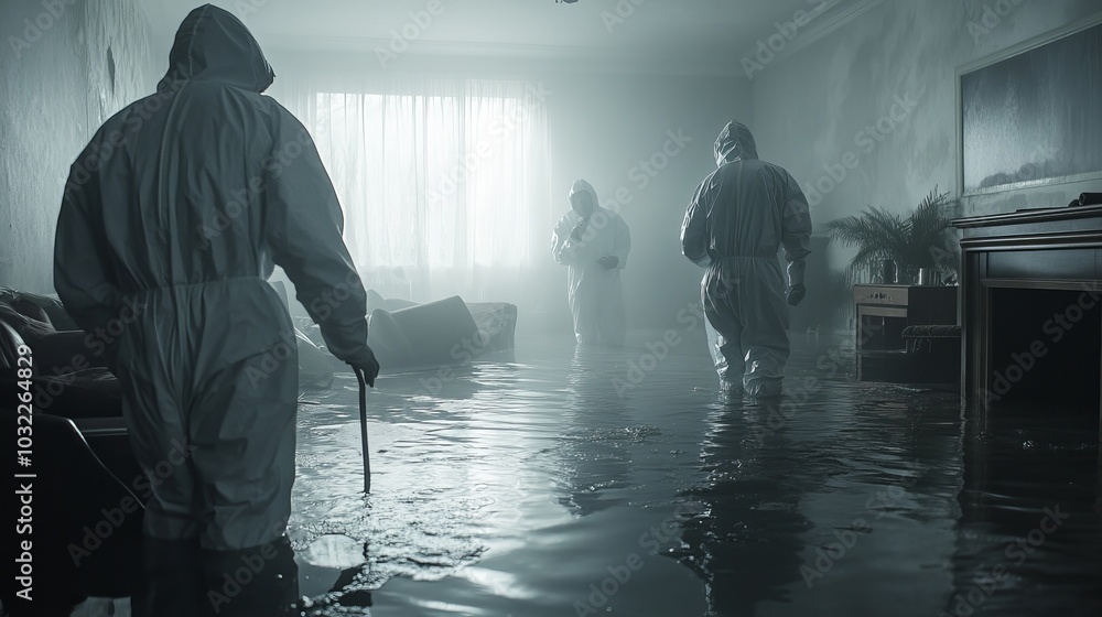 Fototapeta premium A team in hazmat suits clearing a devastated room, muddy floors, flood-soaked furniture, sunlight cutting through foggy air, signs of water damage