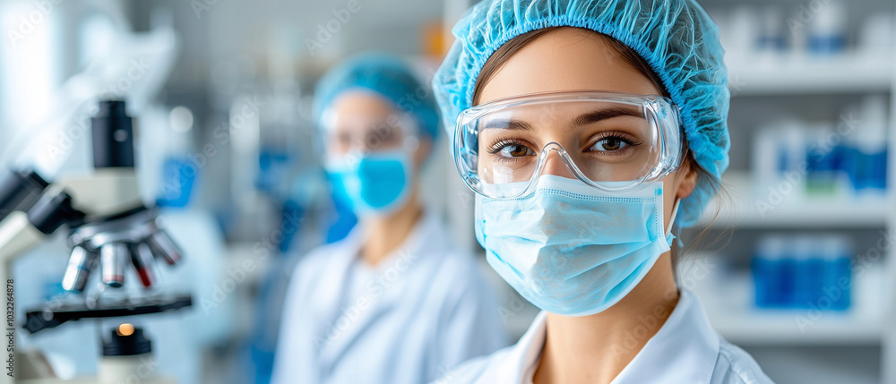 Laboratory technician wearing protective gear and mask, focused on her work in lab environment. atmosphere is professional and dedicated to scientific research Laboratory technician wearing protective gear and mask, focused on her work in lab environment. atmosphere is professional and dedicated to scientific research