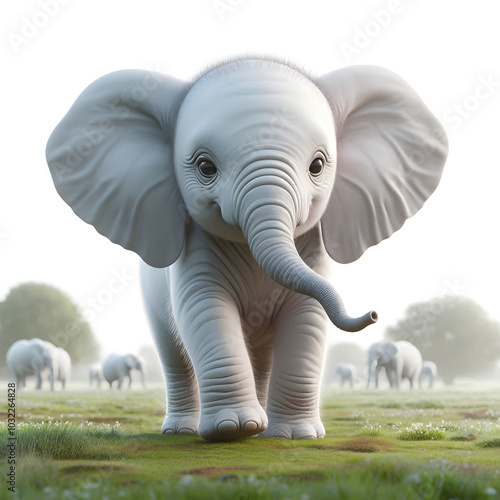 Adorable Baby Elephant in the Grassland | An adorable baby elephant walks through a serene grassland, its large ears and trunk capturing the beauty and innocence of wildlife.