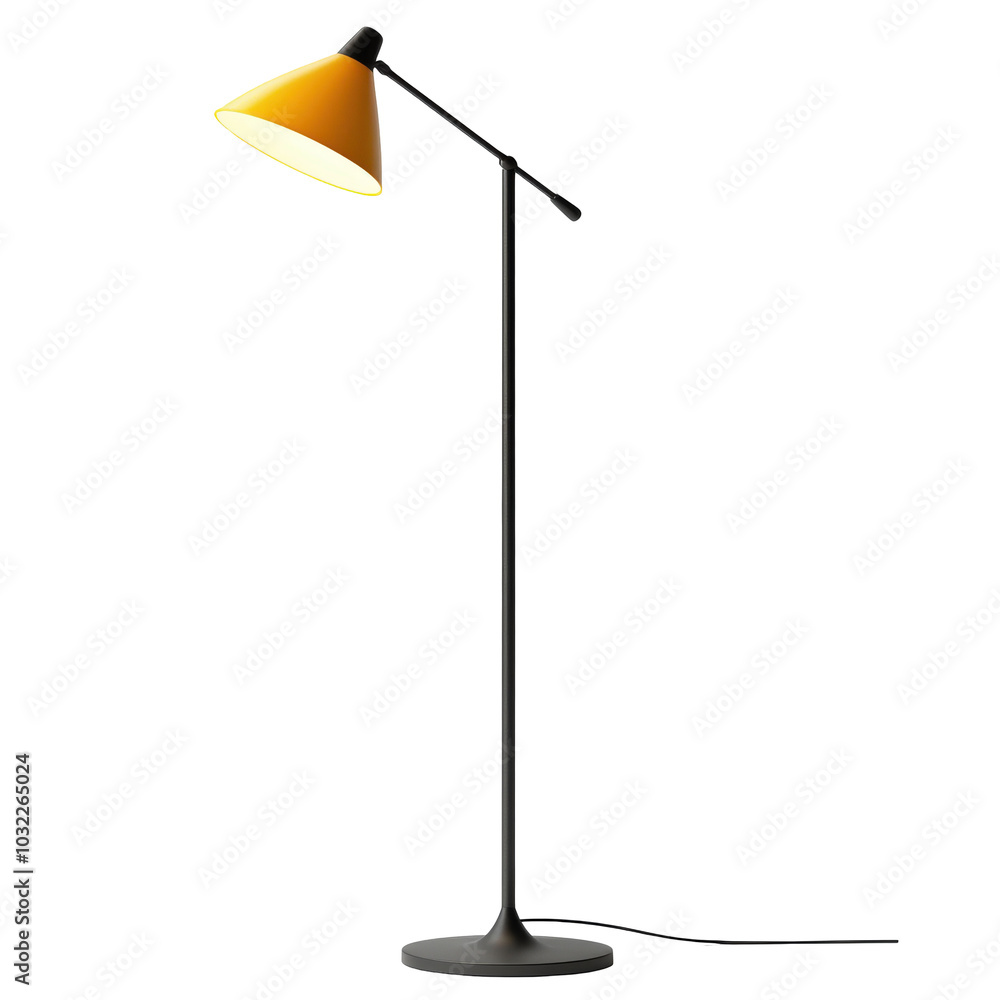 Modern floor lamp with a golden shade on a black base, white isolated background, transparent background Modern floor lamp with a golden shade on a black base, white isolated background, transparent background