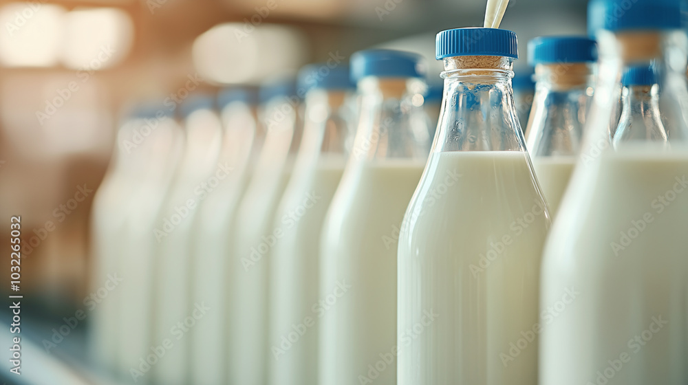 Fresh plant based milk is being filled into clear glass bottles with blue caps, showcasing clean and modern production line. scene conveys sense of sustainability and health Fresh plant based milk is being filled into clear glass bottles with blue caps, showcasing clean and modern production line. scene conveys sense of sustainability and health