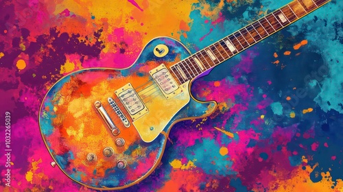 A close-up of a electric guitar with colorful splatter paint on background.