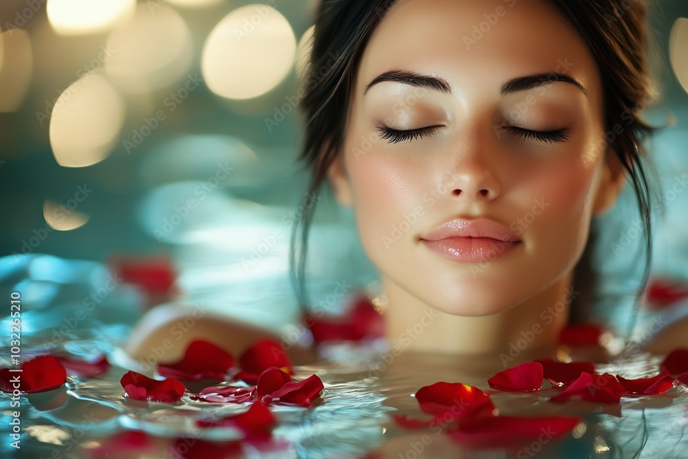 serene woman relaxing sleeping face down in a spa setting, rose petals scattered around her, soft lighting, reflection in water, sense of tranquility and peace serene woman relaxing sleeping face down in a spa setting, rose petals scattered around her, soft lighting, reflection in water, sense of tranquility and peace
