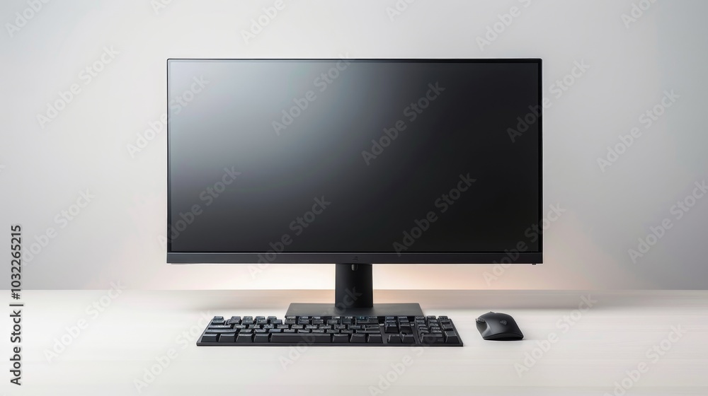 A black computer monitor with a keyboard and mouse on a white desk. A black computer monitor with a keyboard and mouse on a white desk.