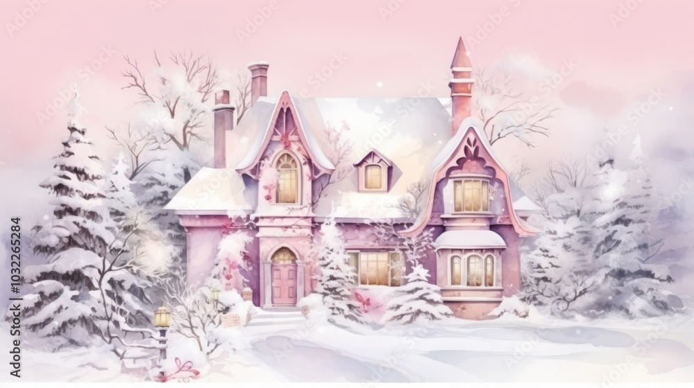 Fototapeta premium Watercolor Christmas pink village in snowfall. Colorful houses and snow covered street. Watercolor illustration.