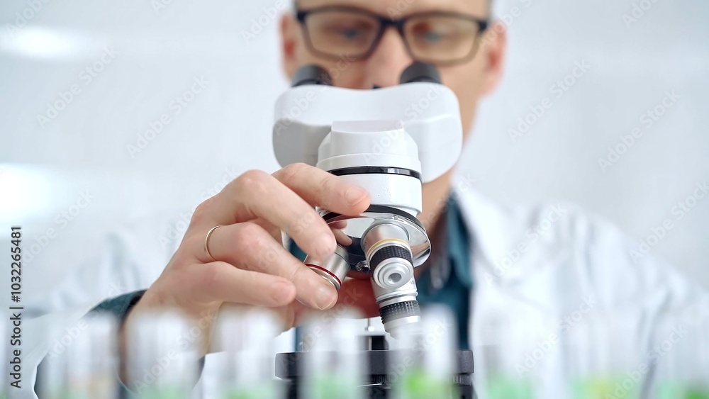 Man scientist with protective glasses using microscope in laboratory. Microbiology science concept Man scientist with protective glasses using microscope in laboratory. Microbiology science concept