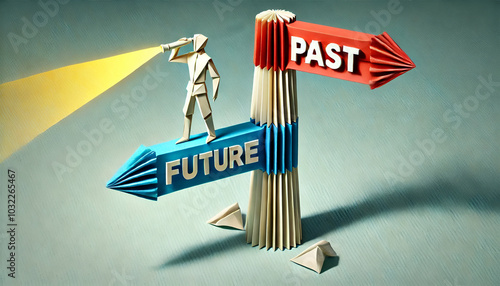 Origami Style Illustration of Person Looking Ahead with Telescope on Signpost Indicating 'Past' and 'Future', Professional Paper Art Design with Muted Colors and Light Green Background