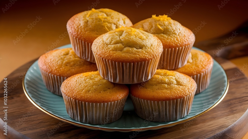 Plate of freshly baked orange muffins with zest sprinkles Plate of freshly baked orange muffins with zest sprinkles