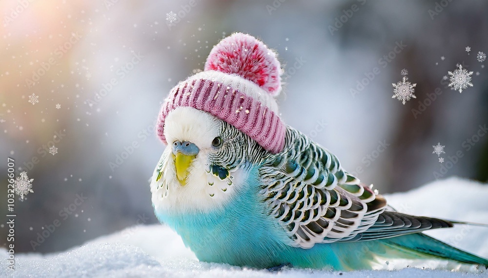 Obraz premium A cute budgie with a knitted hat and scarf enjoys a snowy winter wonderland and radiates Christmas joy.