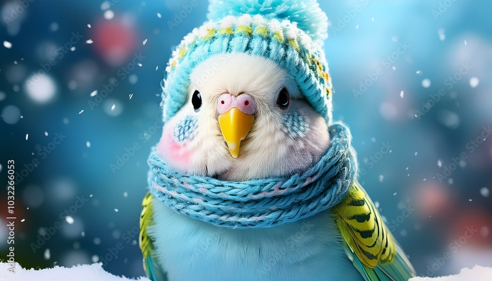 Obraz premium A cute budgie with a knitted hat and scarf enjoys a snowy winter wonderland and radiates Christmas joy.