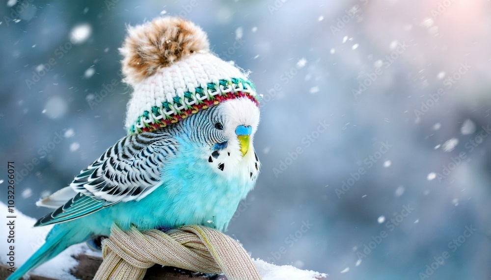 Obraz premium A cute budgie with a knitted hat and scarf enjoys a snowy winter wonderland and radiates Christmas joy.