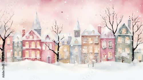 A cute pink winter town with snow-covered streets and cozy pink houses. Landscape background, Christmas card.