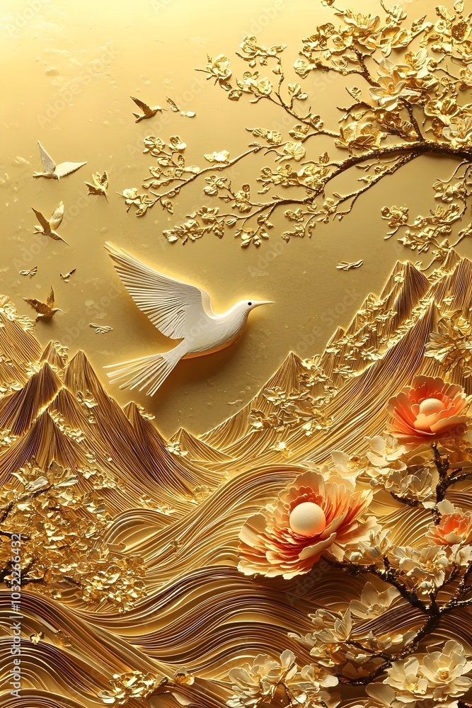 Naklejka premium Intricate paper art depicting a white dove soaring over a golden landscape with delicate flowers.