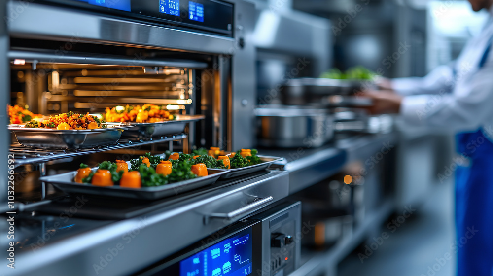 busy commercial kitchen showcases digital oven with trays of colorful vegetables being prepared. atmosphere is vibrant and energetic, highlighting art of cooking busy commercial kitchen showcases digital oven with trays of colorful vegetables being prepared. atmosphere is vibrant and energetic, highlighting art of cooking