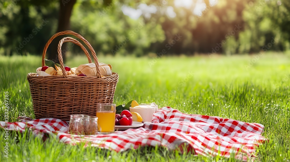 A wicker picnic basket with food sits on a red and white checkered blanket on a grassy lawn. A wicker picnic basket with food sits on a red and white checkered blanket on a grassy lawn.