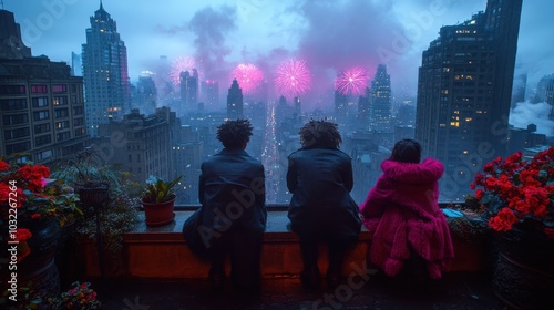 Three friends enjoying fireworks over the city from a rooftop garden at night. photo