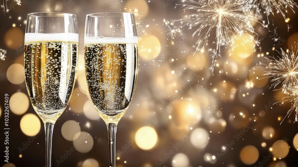 Two champagne flutes with sparkling beverage against a festive bokeh background. Two champagne flutes with sparkling beverage against a festive bokeh background.