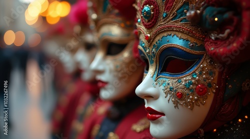 A close-up of a woman wearing a beautiful, ornate, Venetian masquerade mask.